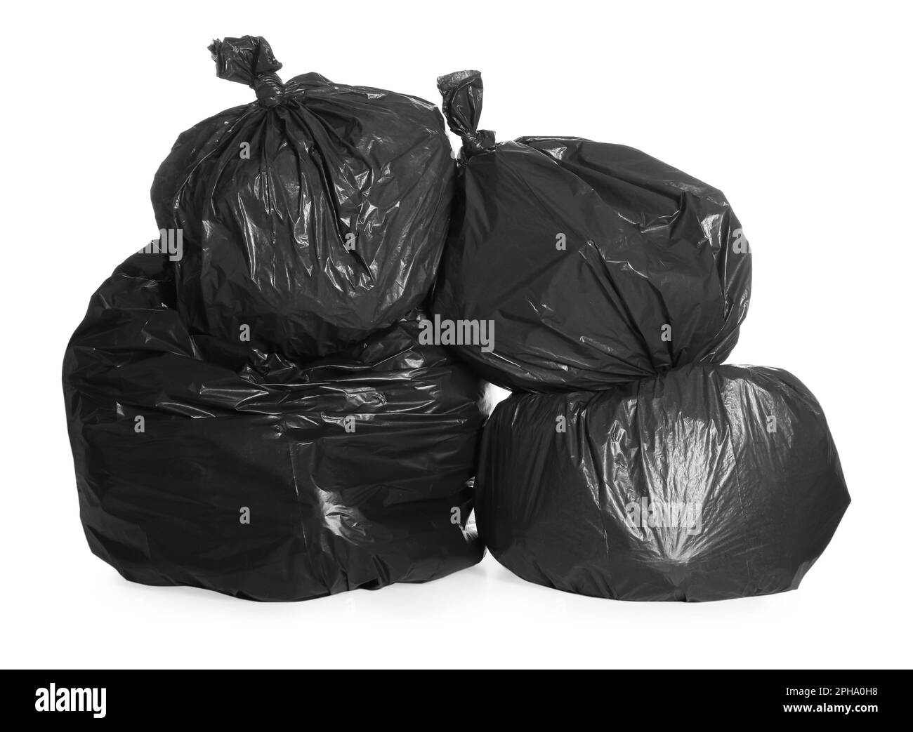 Black trash bags full of garbage on white background Stock Photo Alamy