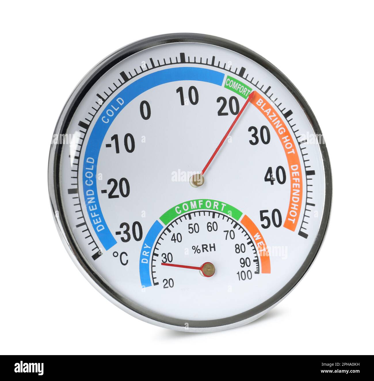Round mechanical hygrometer isolated on white. Meteorological tool