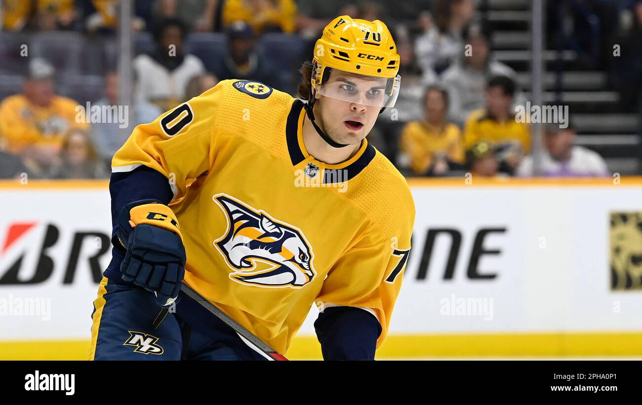 Nashville Predators left wing Egor Afanasyev (70) plays against the