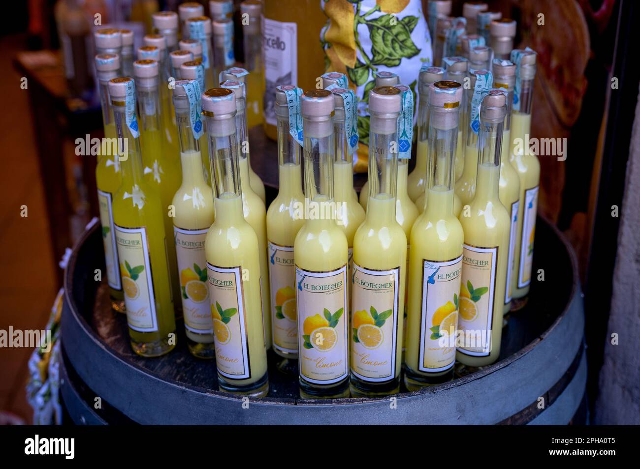 Bottles of Limoncello lemon liqueur in a shop in Limone, Lake Garda