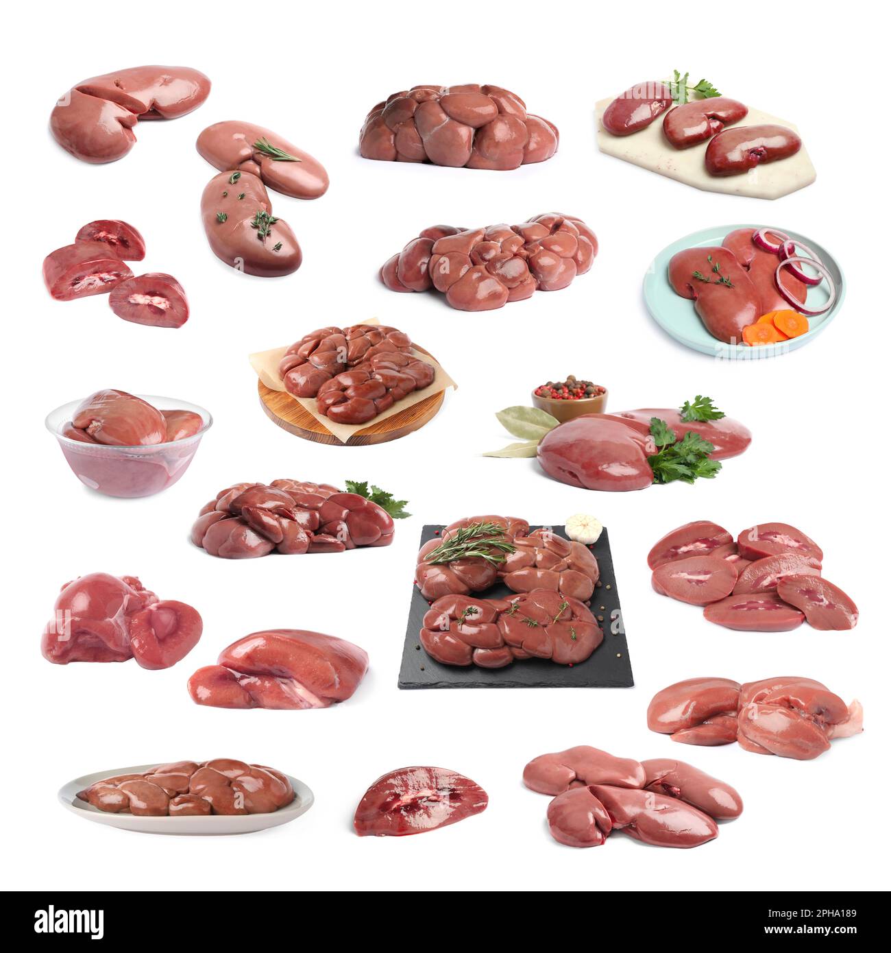 Set with fresh raw kidneys on white background Stock Photo