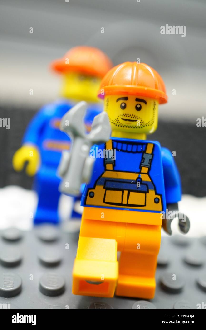 A closeup of a Lego city construction worker minifigure toy Stock Photo Alamy