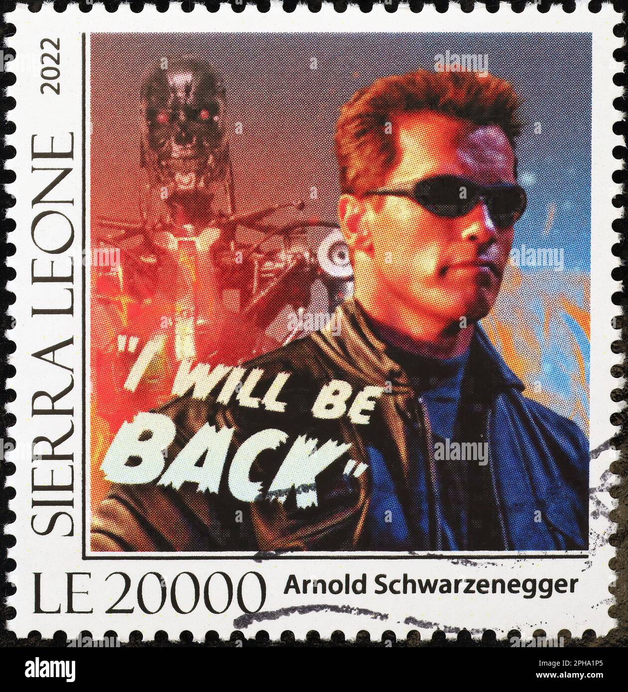 Arnold Schwarzenegger in Terminator on postage stamp Stock Photo