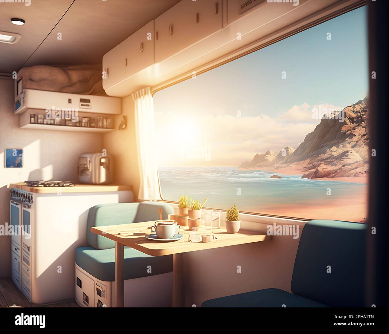 Campervan and nice landscape outside. View inside of a campervan ...