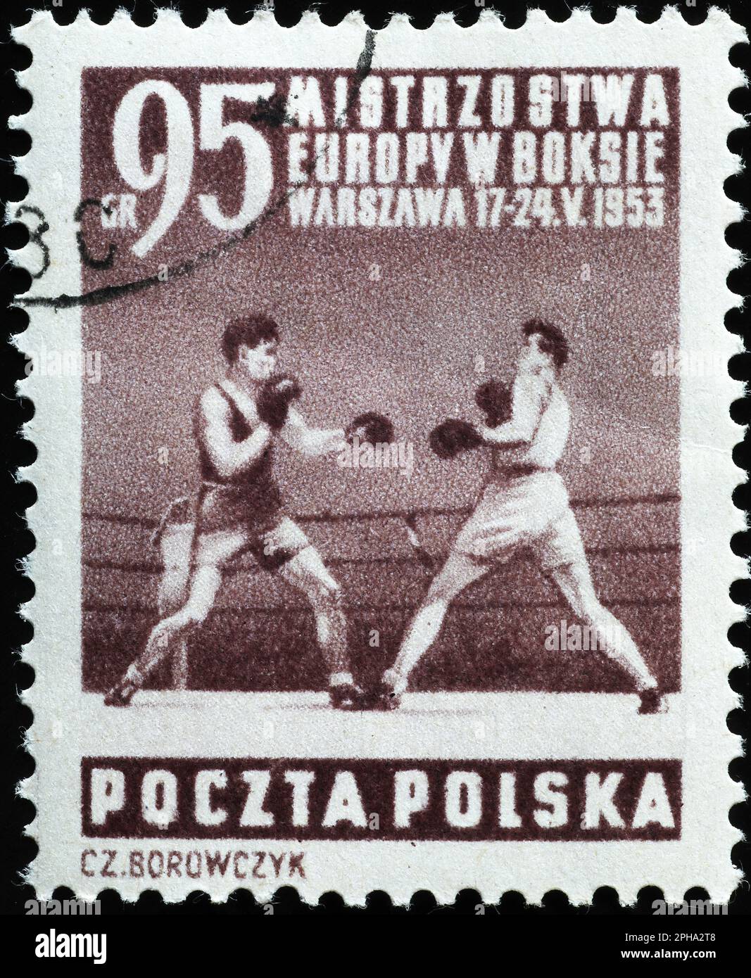 Boxers during a match on vintage polish stamp Stock Photo