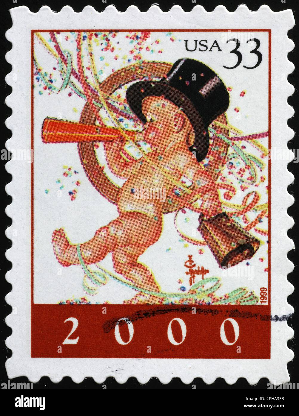 Depiction of the year 2000 as a child in a party on stamp Stock Photo