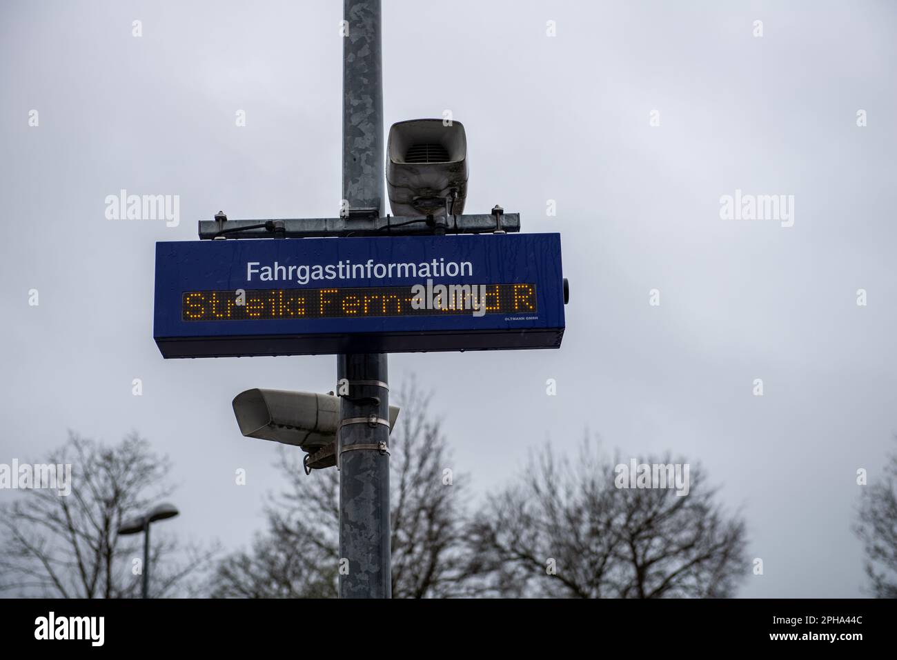 Altoetting,Germany-March 27,2023: An information screen informs train passengers of  a railroad strike in Germany. Stock Photo