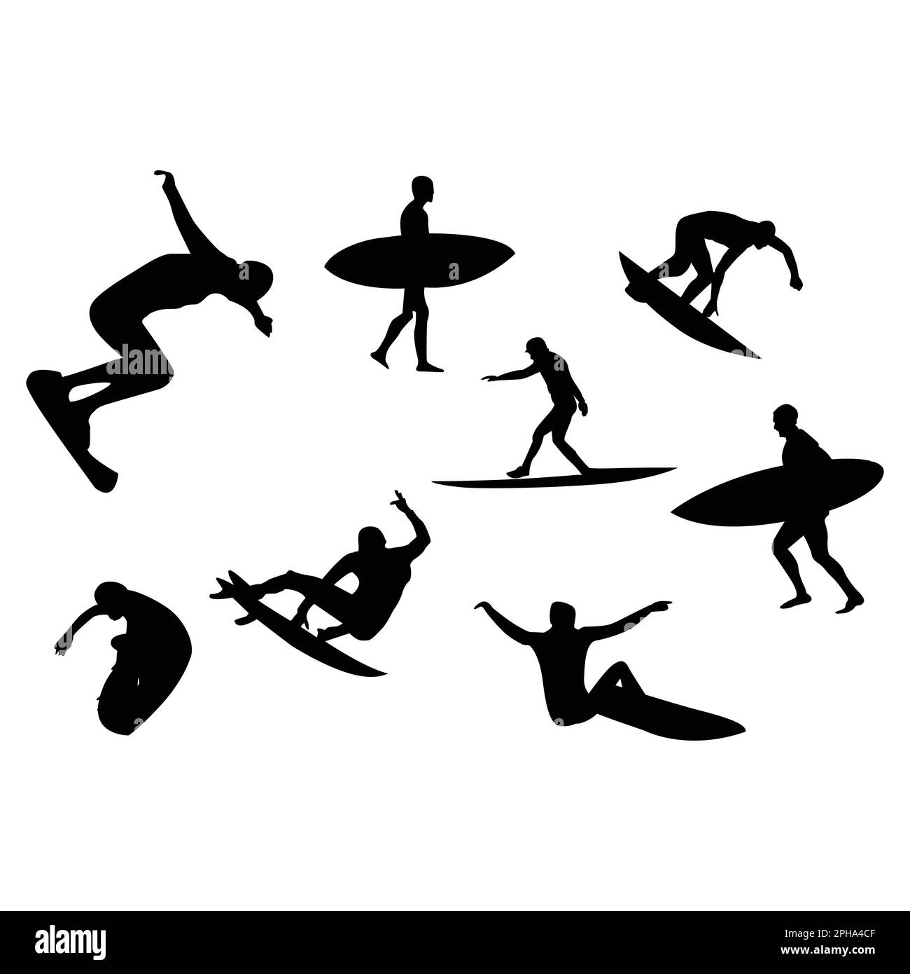 Surfers black silhouettes on a white background, vector illustration. Stock Vector