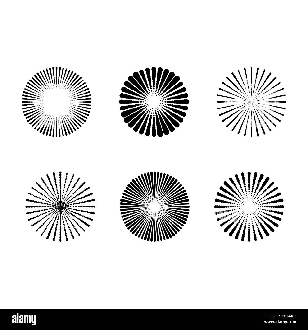 Starburst, sunburst icon set. Radial, radiating, converging lines. Stock Vector