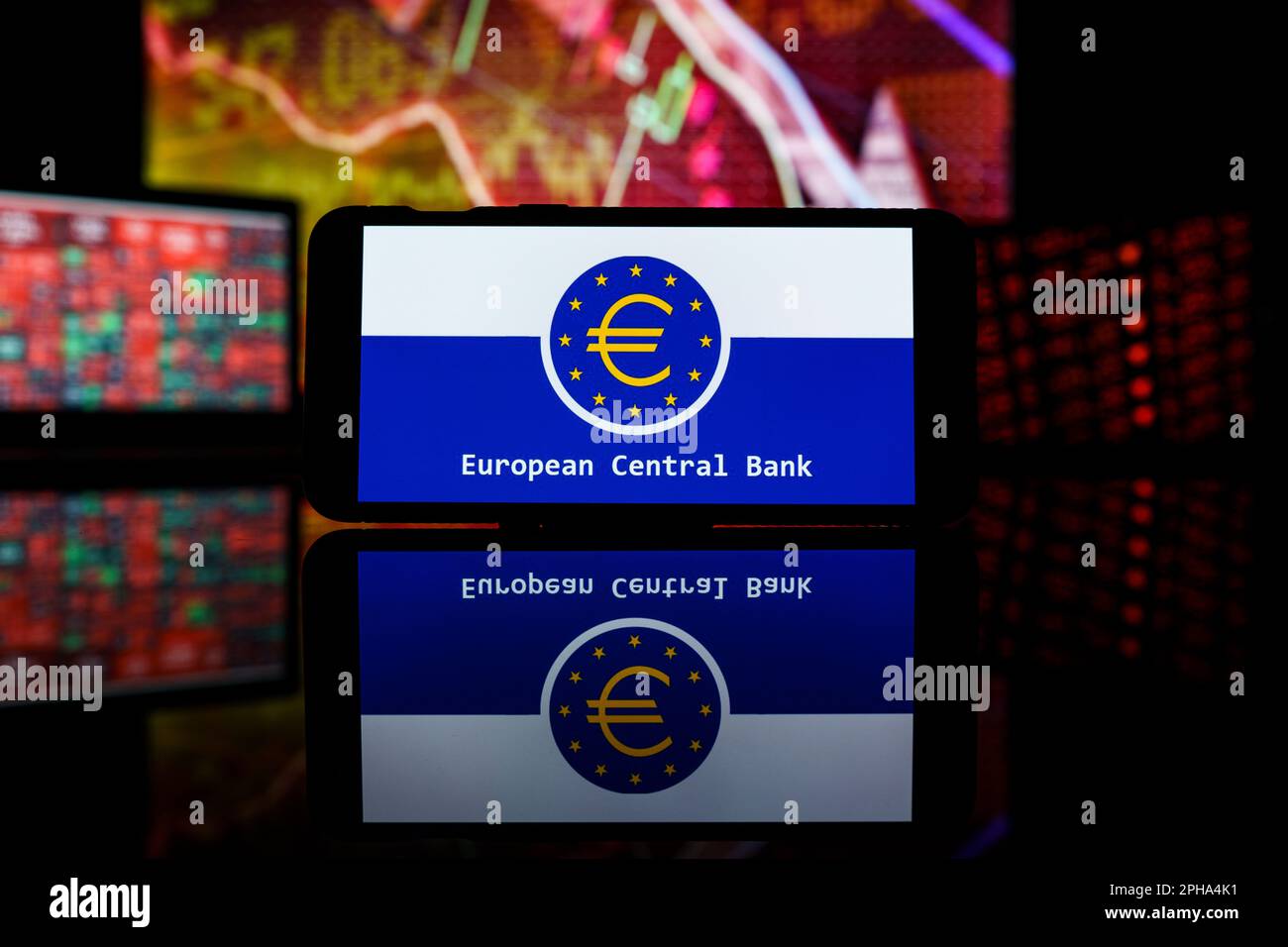 Kaunas, Lithuania - 2023 March 27: The economical crisis in EuroZone. European central bank logo on screen. ECB raise interest rates. High quality pho Stock Photo