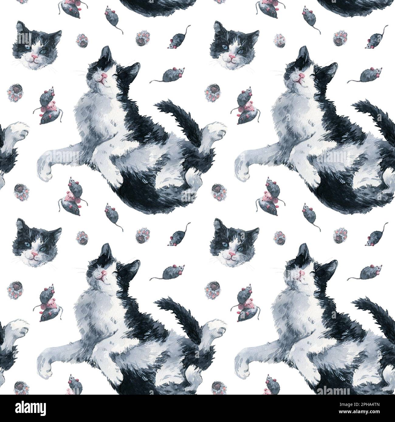 Cute bicolor black and white cat and toy mouses seamless pattern. Watercolor painting on white background. Graphic for fabric, wrapping paper Stock Photo