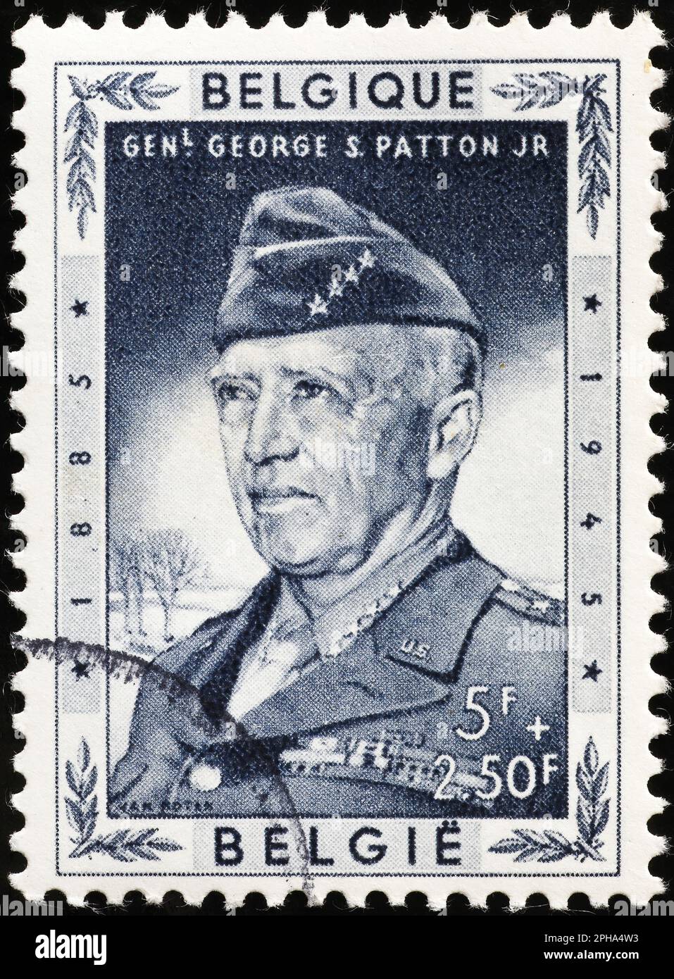 Gen. George Patton portrait on old belgian stamp Stock Photo