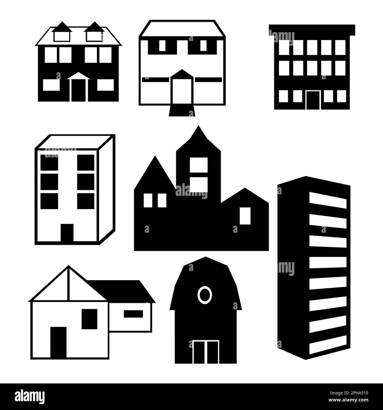 Set of houses in silhouette style. Vector illustration isolated on