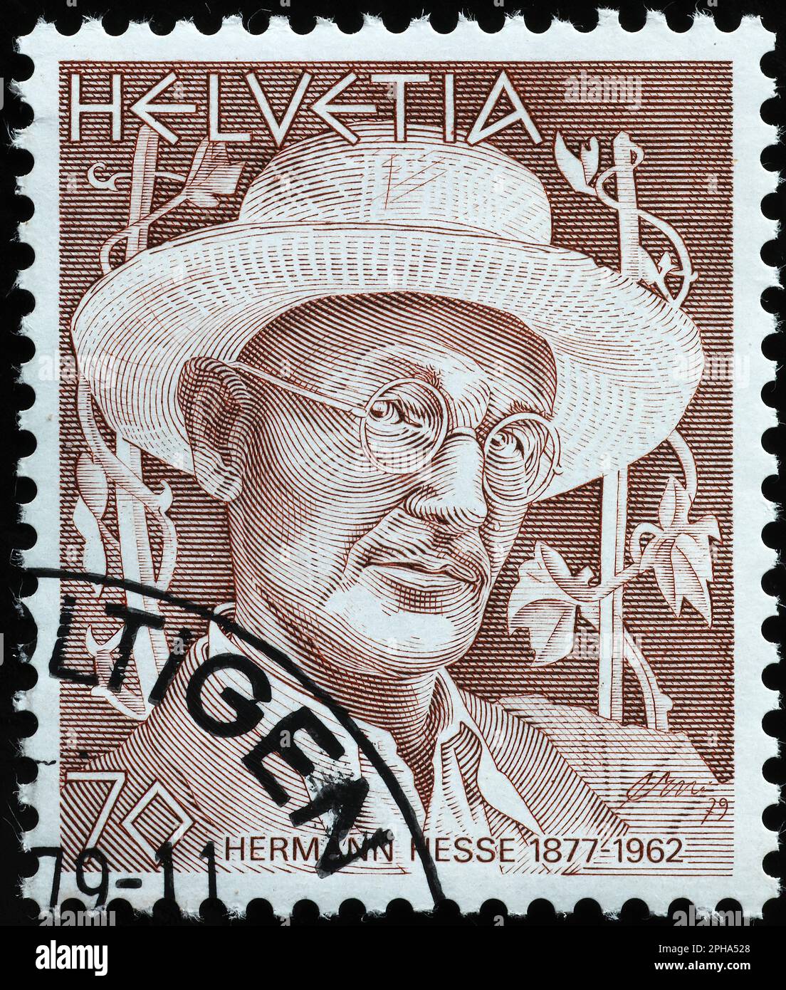 Herman Hesse portrait on swiss postage stamp Stock Photo