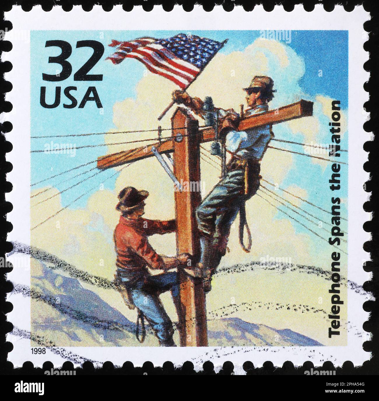 Historic diffusion of telefonic cables celebrated on american stamp Stock Photo