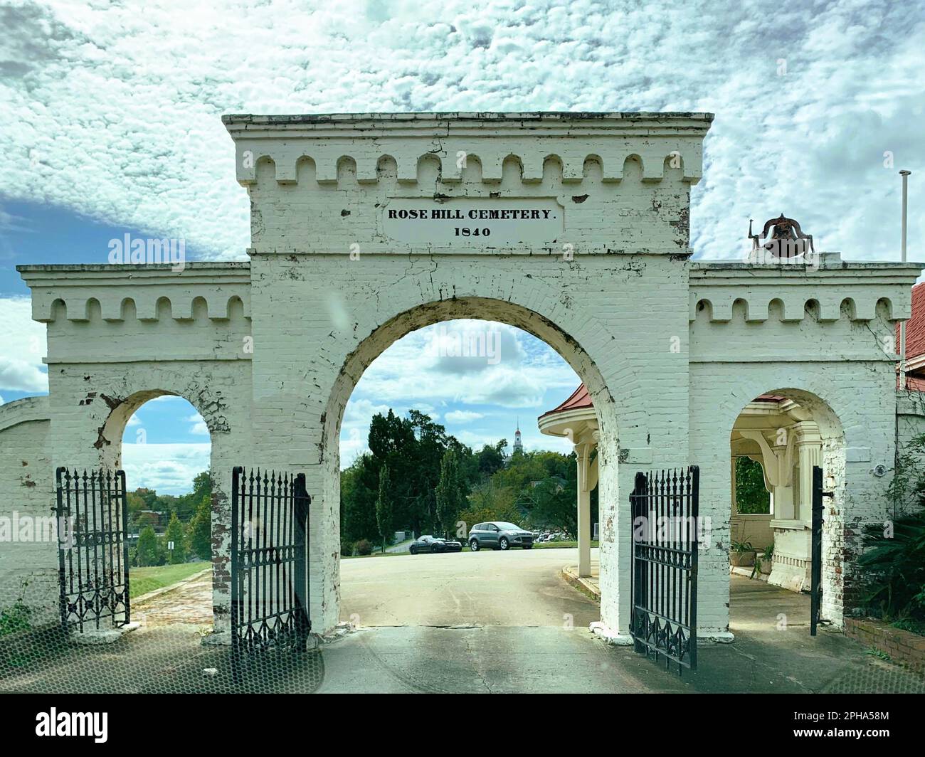 The entrance gate to the Rose Hill Cemetery in Macon, Stock