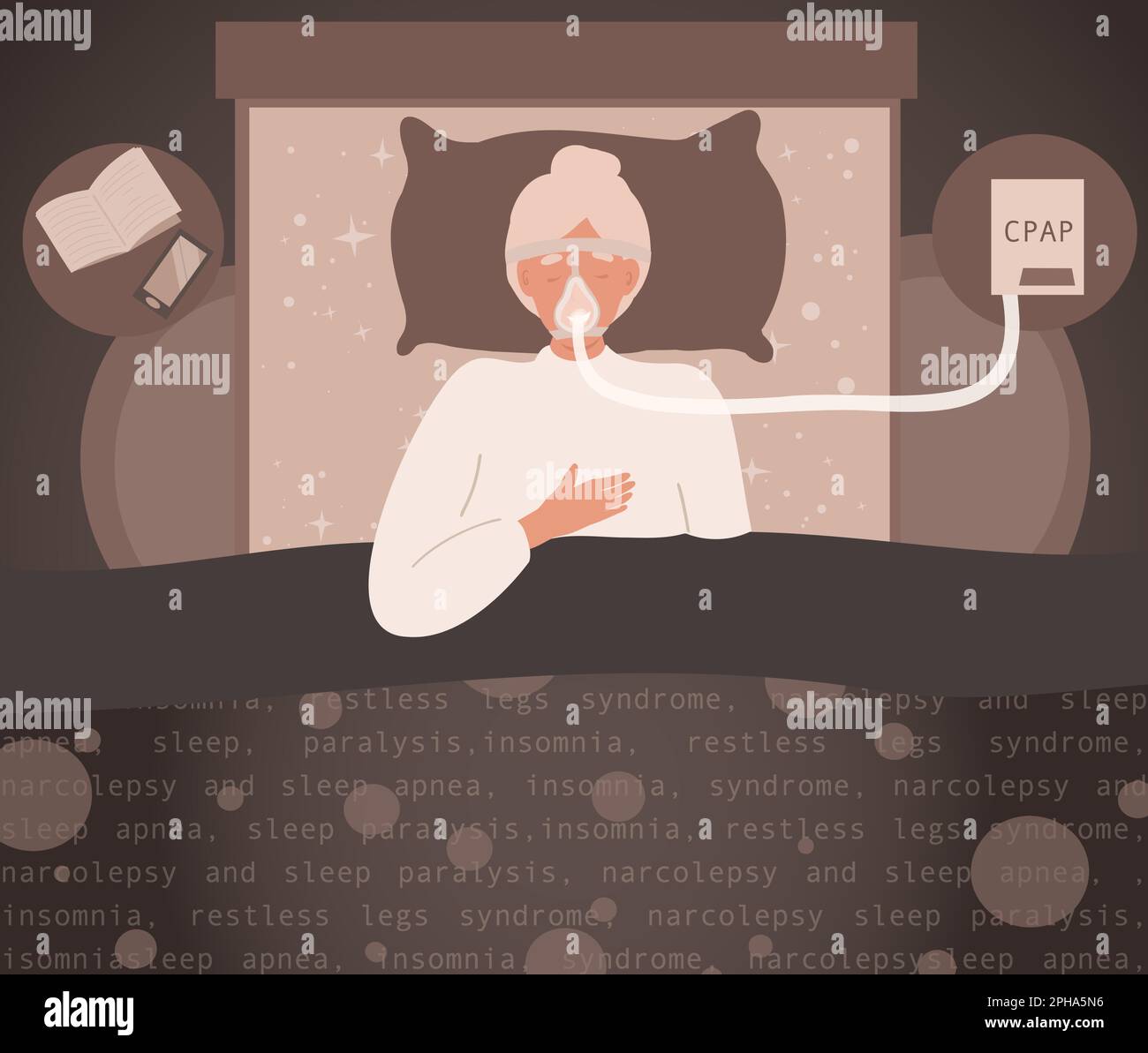 Old Woman in mask sleeping with Cpap, sleep apnea Stock Vector