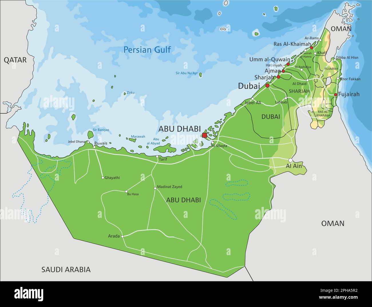 High detailed United Arab Emirates physical map with labeling Stock ...