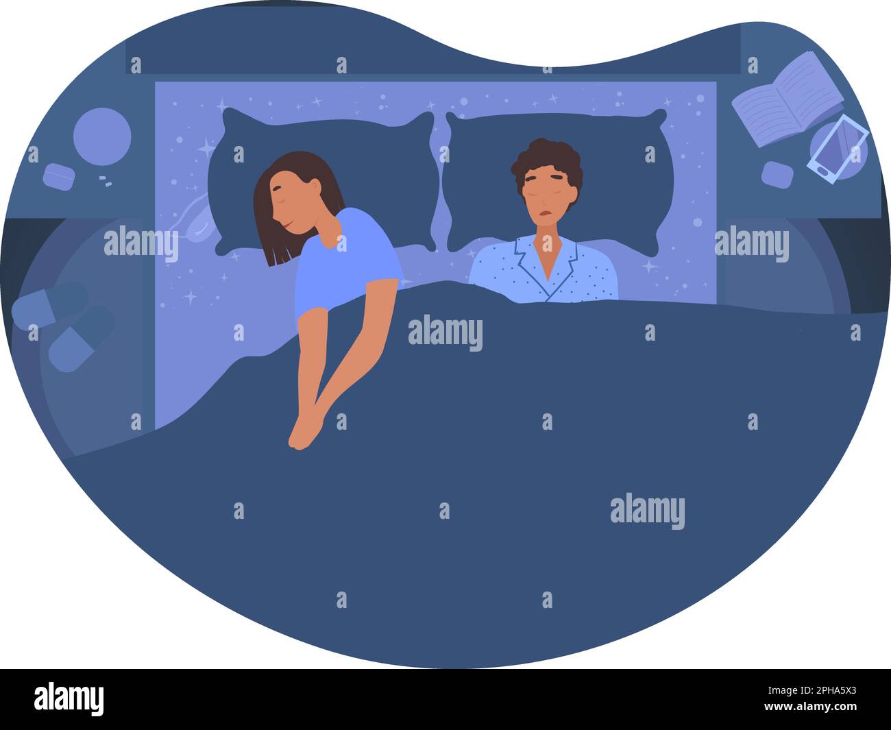 Healthy sleeping concept, man and woman in bed Stock Vector