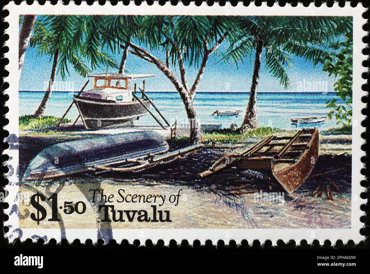 Peaceful scenery of Tuvalu on postage stamp Stock Photo