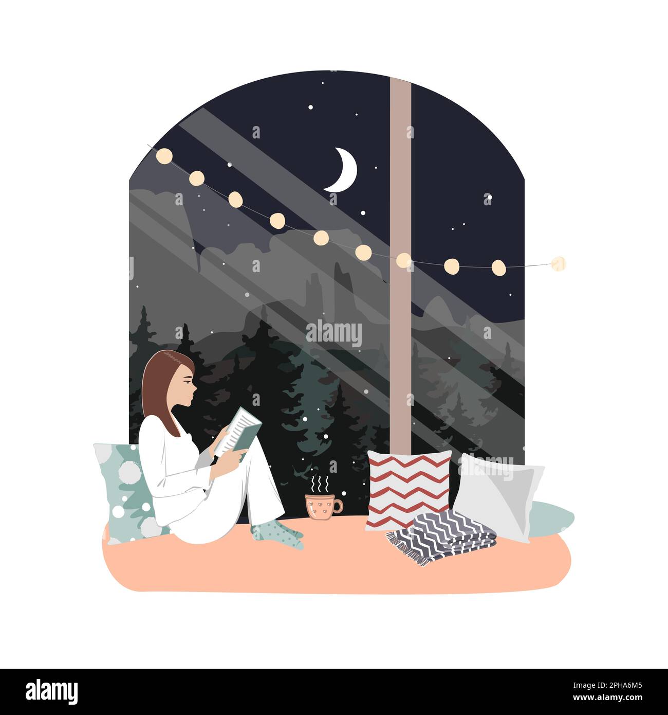 Young woman reading book in the window at night. Drinking tea and reading in the city, cartoon vector illustration Stock Vector