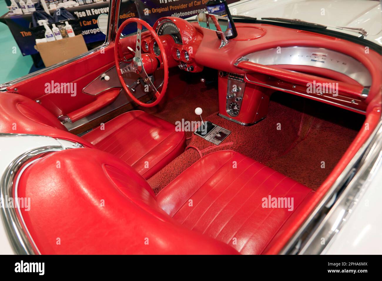 View of the cockpit of a  White,1960, Chevrolet Corvette C1, on display at the 2023 London Classic Car Show Stock Photo