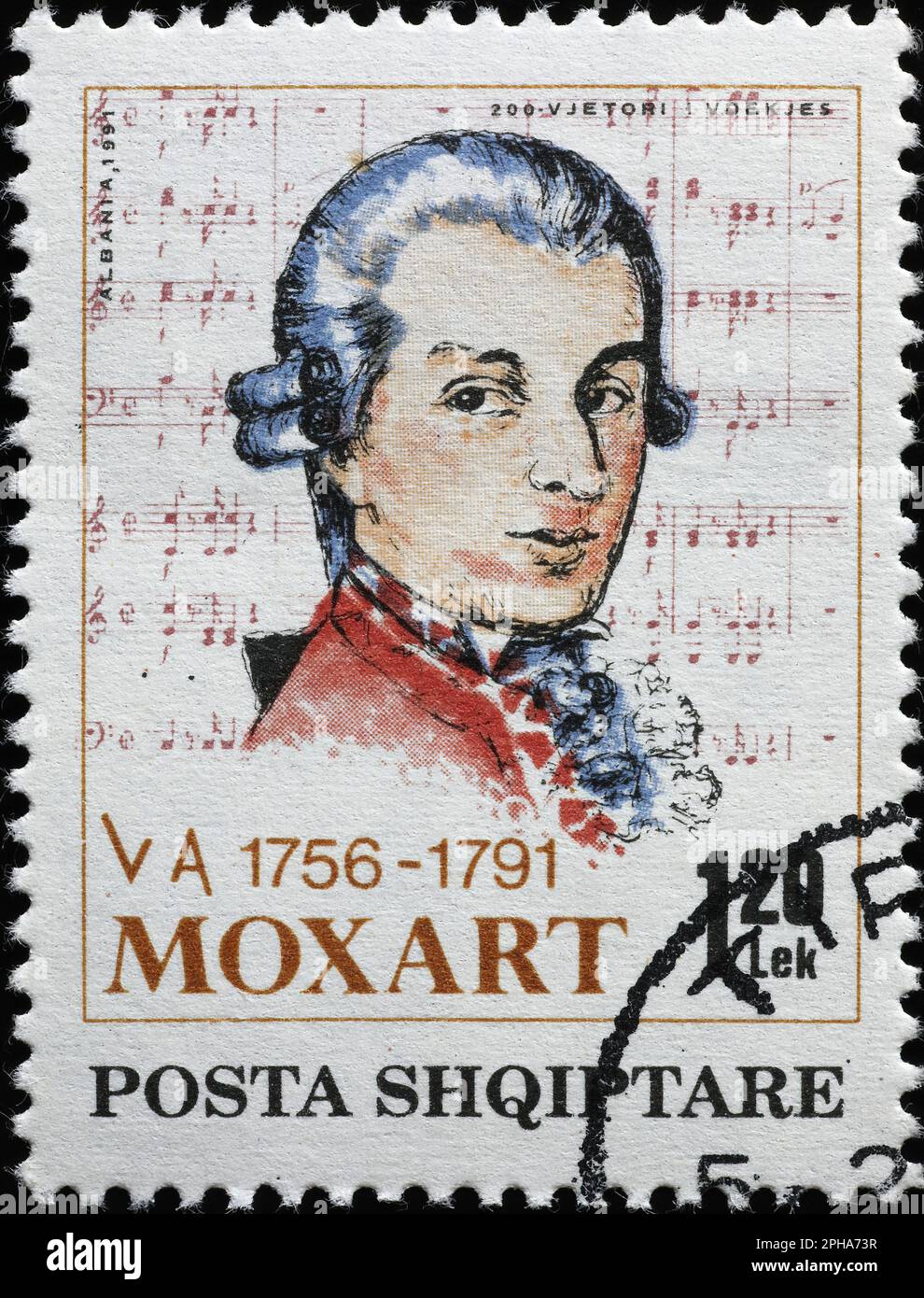 Portrait of Mozart on postage stamp from Albania Stock Photo