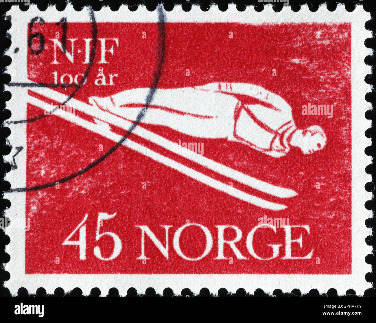 Ski jumper on old norwegian postage stamp Stock Photo