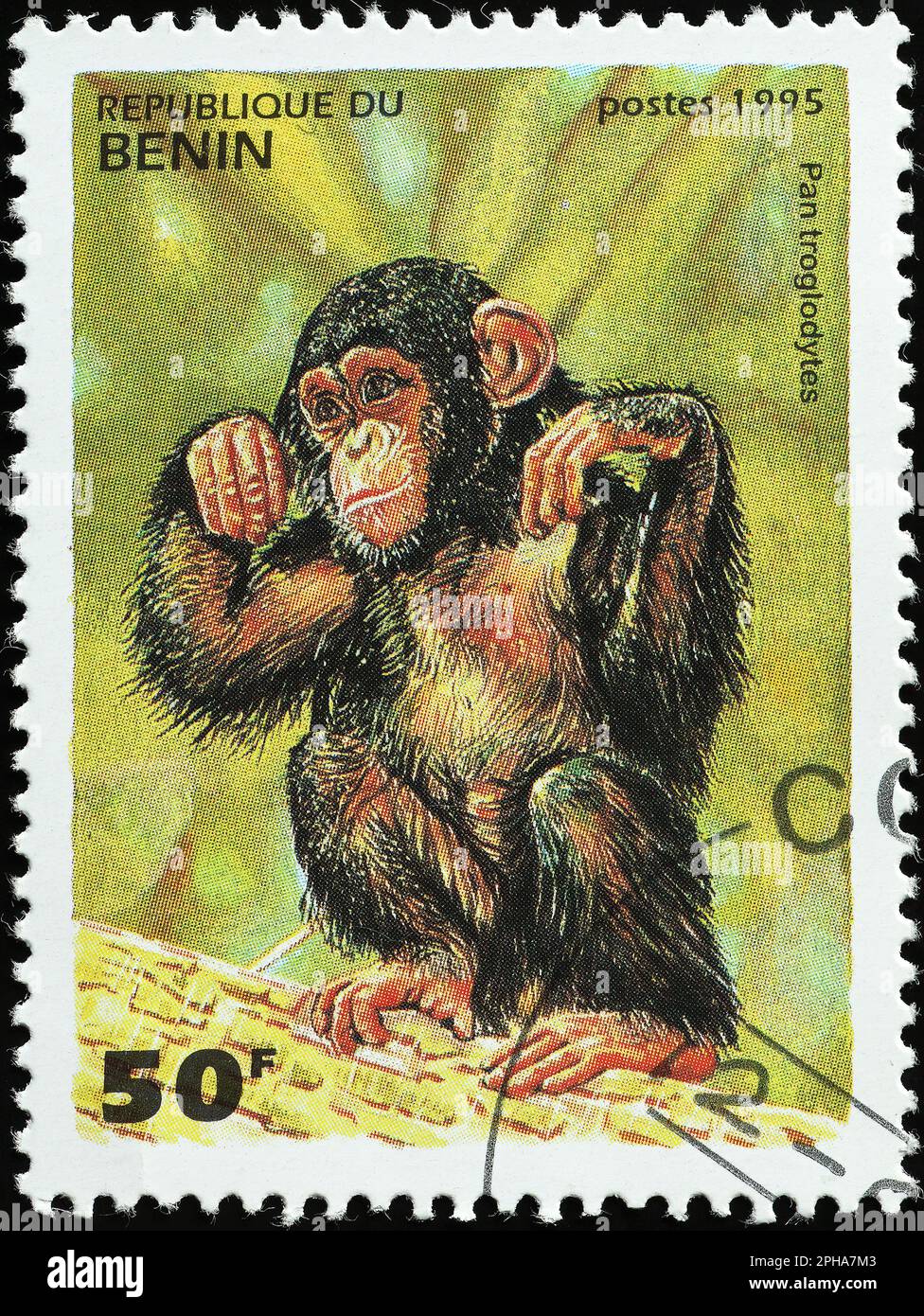 Small chimp on postage stamp of Benin Stock Photo Alamy