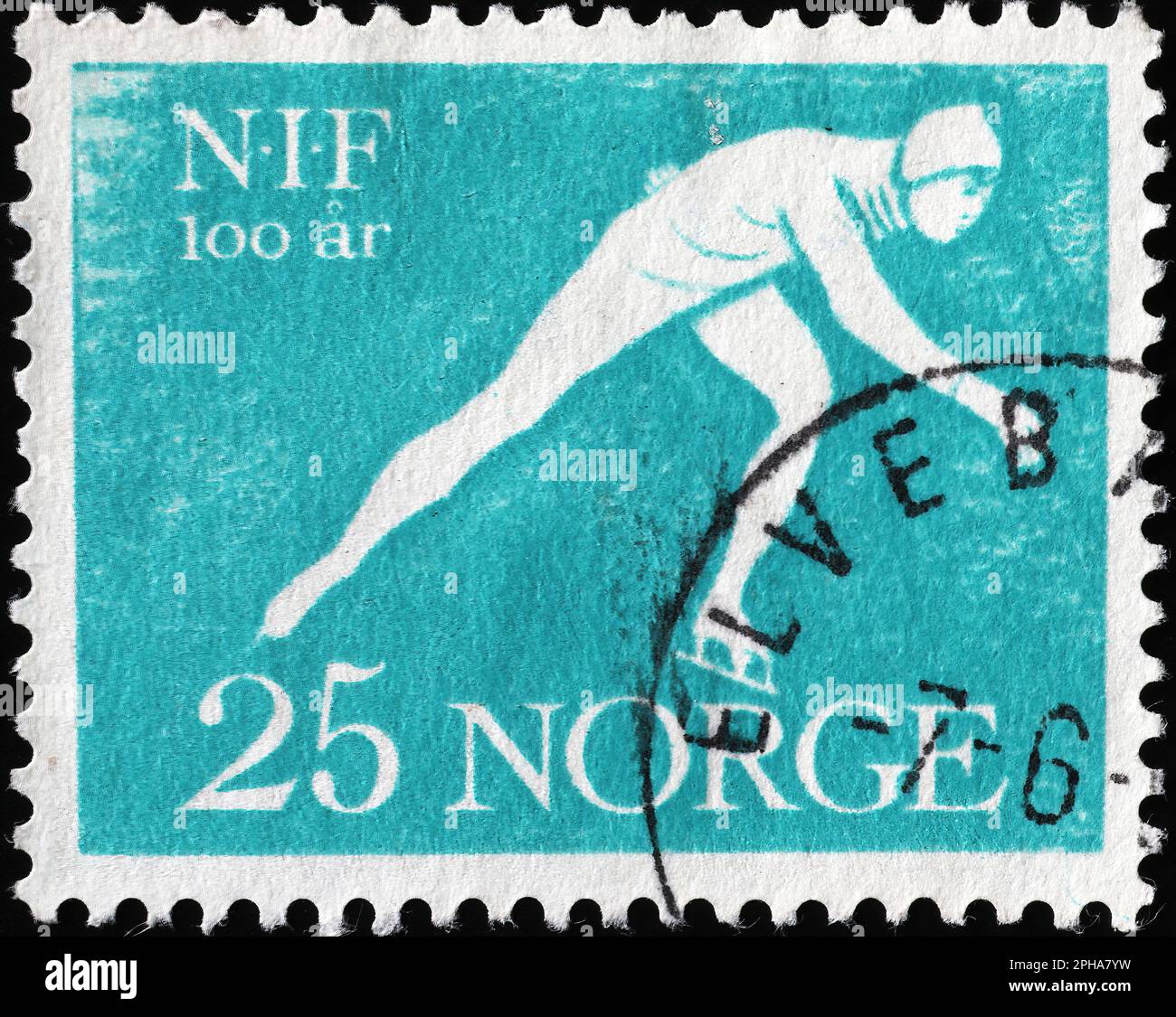 Speed skater on vintage norwegian stamp Stock Photo