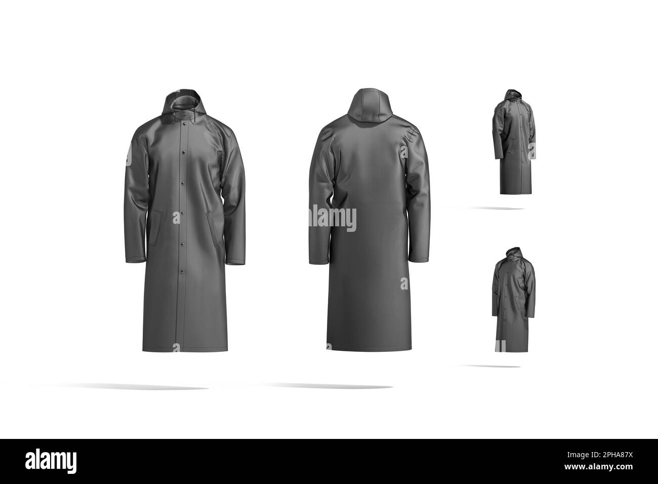 Blank black protective raincoat mockup, different views Stock Photo