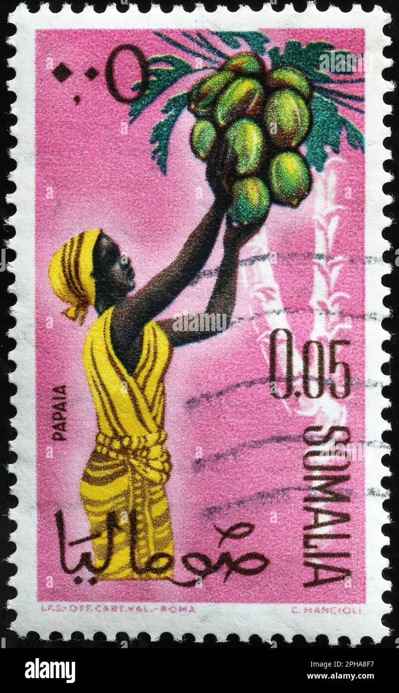 Woman picking Papayas on stamp from Somalia Stock Photo