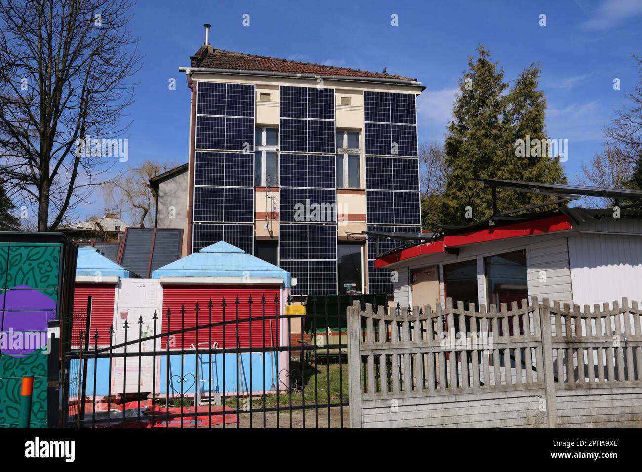 Cracow. Krakow. Poland. Solar panels placed on the wall of a building, vertically mounted. Power source. Stock Photo