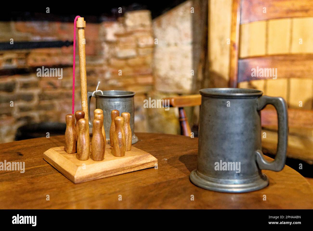 Traditional English pub skittles game - vintage pub game Stock Photo