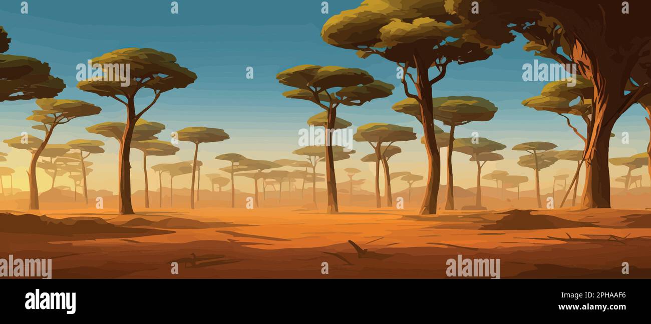 Wild savanna landscape. Savannah, wild African nature with trees, grass ...