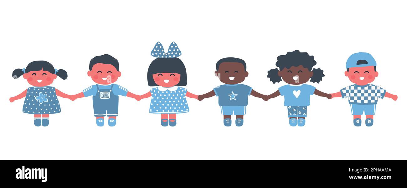 Diverse group of baby girls and baby boys. Children holding hands. Cute cartoon characters. Vector illustration Stock Vector