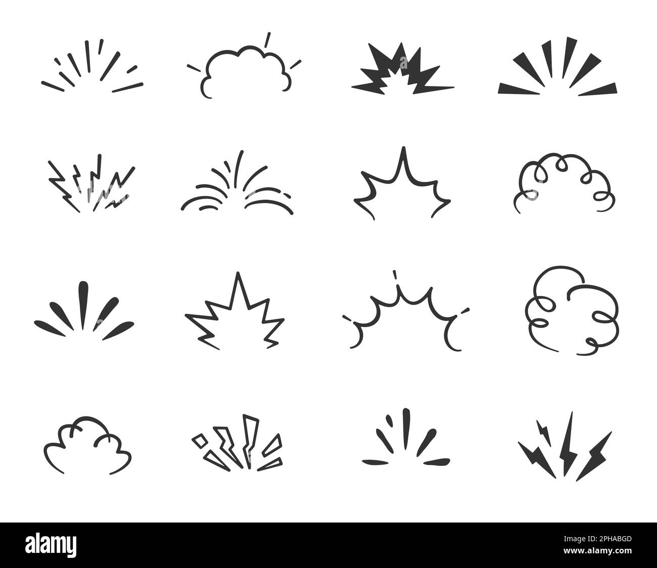 Cartoon doodle bomb explosion, comic clouds of boom bang, vector