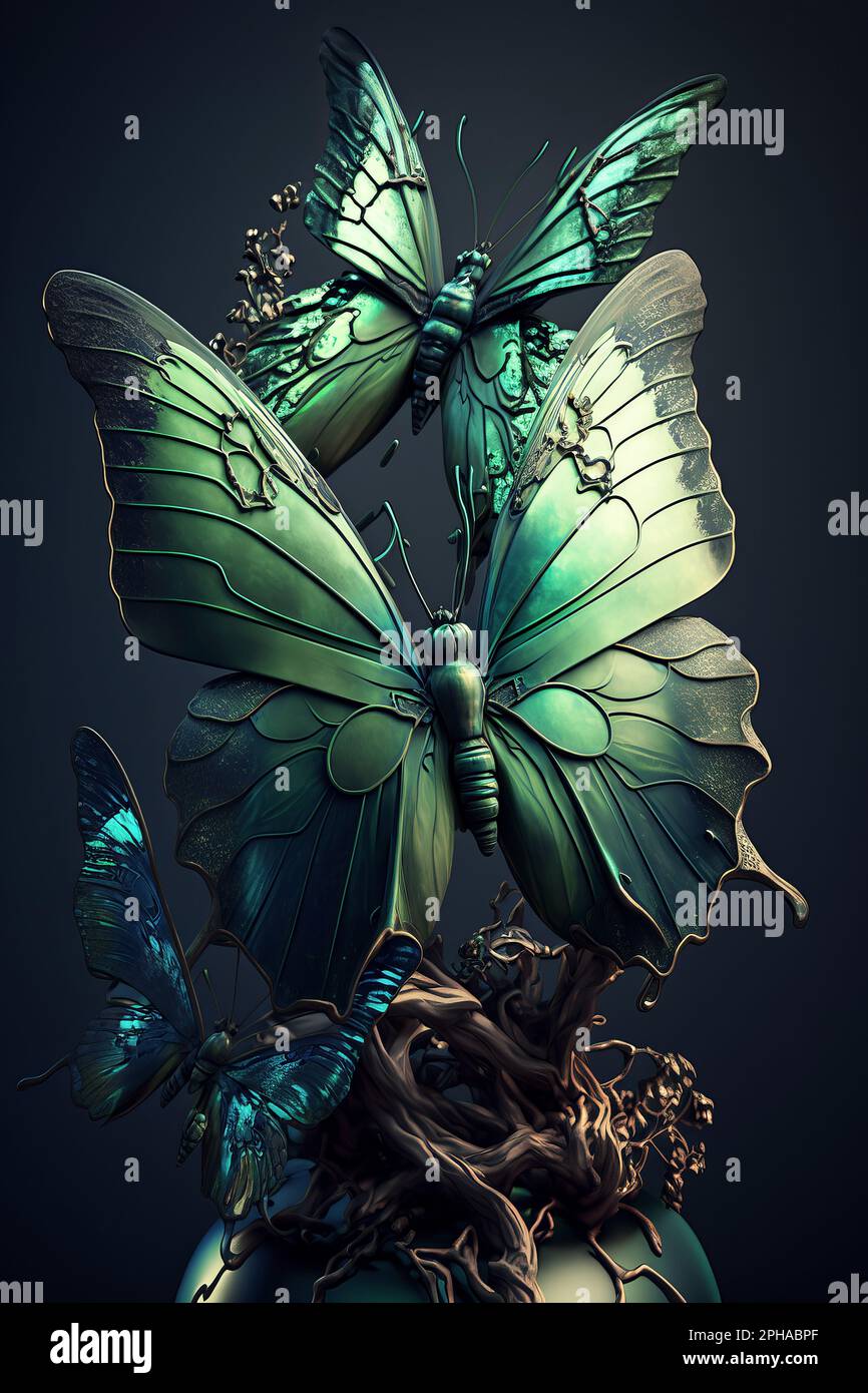 Green butterflies on a dark background. Illustration Stock Photo