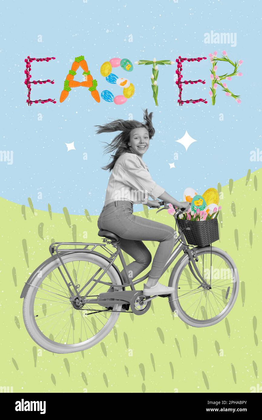 Beautiful illustration collage teen girl riding retro bicycle hurry Easter party spring nature landscape sightseeing Stock Photo