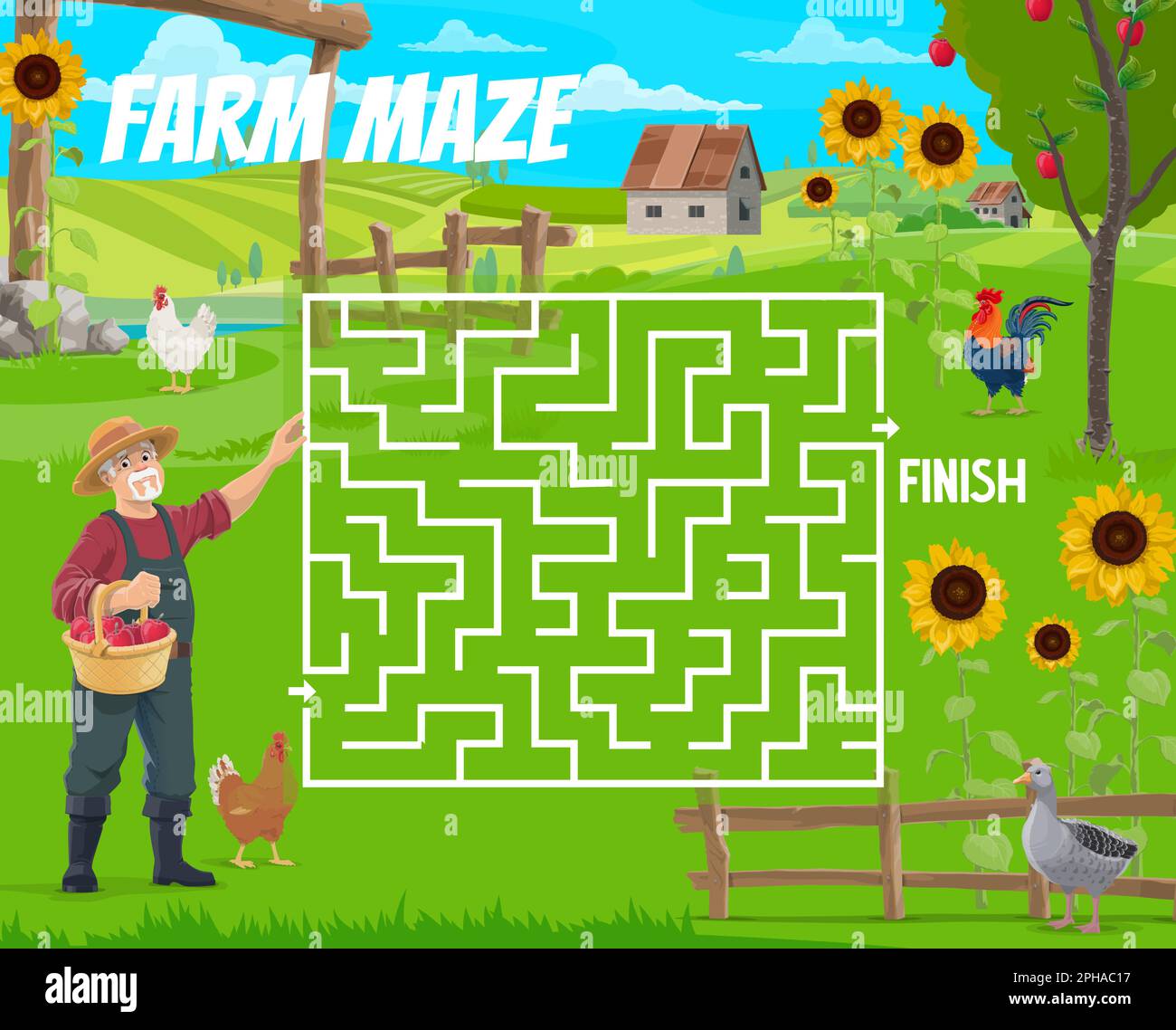 Labyrinth maze, help the old farmer find a rooster and goose. Kids