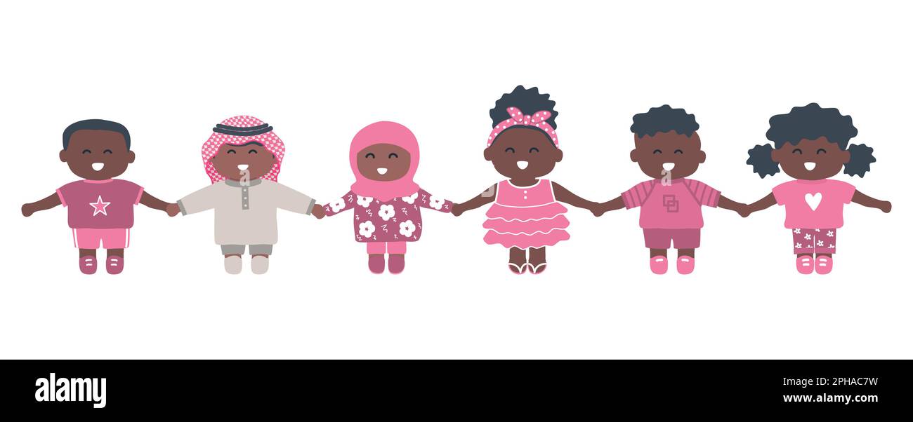 Diverse group of baby girls and baby boys. Children holding hands. Cute cartoon characters. Vector illustration. Stock Vector