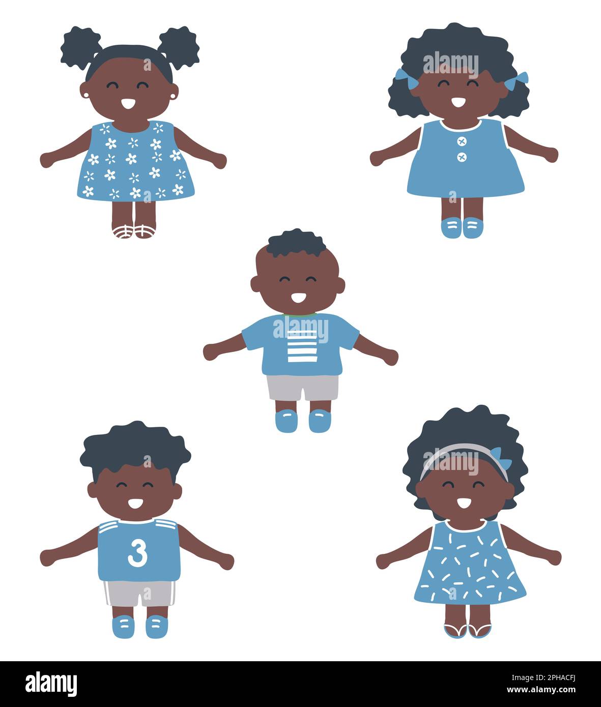 Set. Black children. Baby girls and baby boys. Cute cartoon characters. Vector illustration Stock Vector
