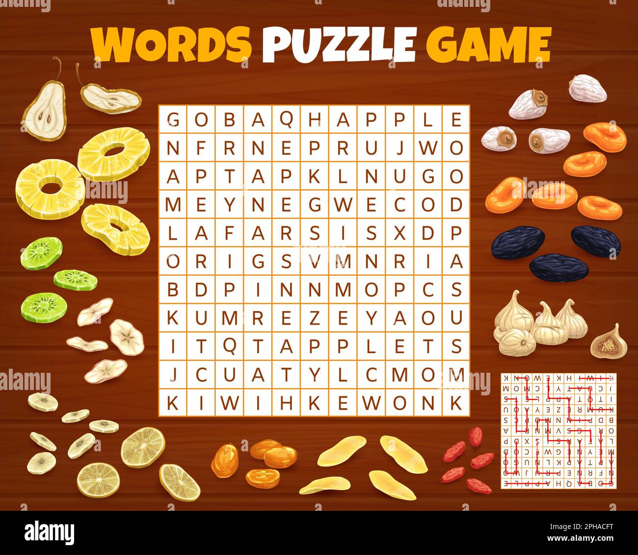 Dried fruits word search puzzle game worksheet Vector crossword kids Dried fruits word search puzzle game worksheet Vector crossword kids