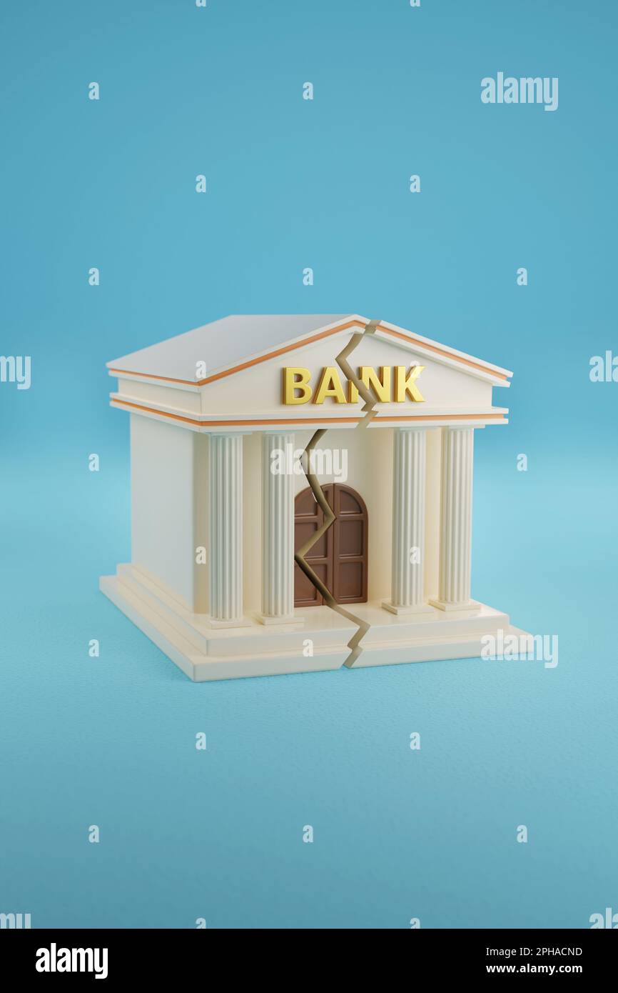 Bank building breaking down on blue background. 3d illustration. Stock Photo