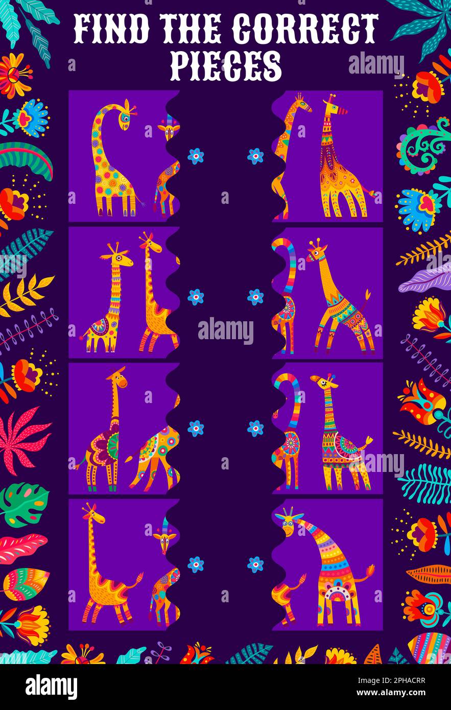Find the correct pieces of african giraffes kids game worksheet. Vector