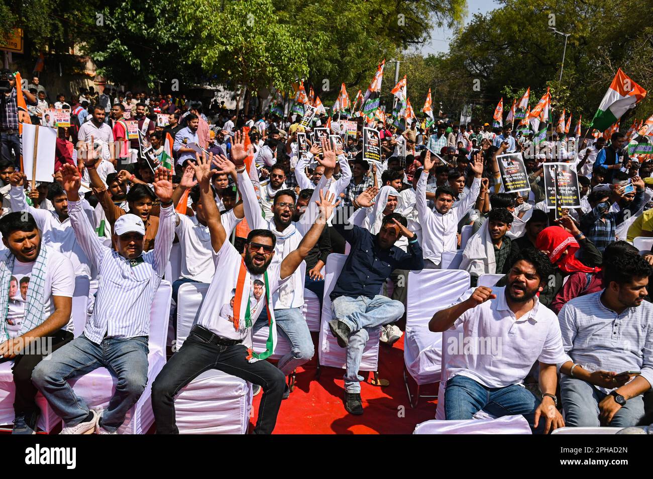 New Delhi, Delhi, India. 27th Mar, 2023. Indian Youth congress supporters attend a protest against the disqualification from the Indian Parliament of India's main opposition leader of the Indian National Congress, Rahul Gandhi, in New Delhi, India on March 27, 2023. Rahul Gandhi was disqualified from the Indian Parliament, a day after a Indian Court convicted him in a defamation case and sentenced him to two years in prison. (Credit Image: © Kabir Jhangiani/ZUMA Press Wire) EDITORIAL USAGE ONLY! Not for Commercial USAGE! Credit: ZUMA Press, Inc./Alamy Live News Stock Photo
