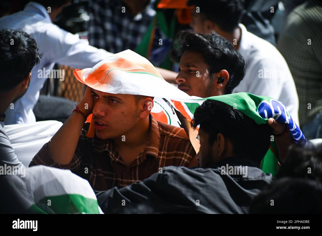 New Delhi, Delhi, India. 27th Mar, 2023. Indian Youth congress supporters attend a protest against the disqualification from the Indian Parliament of India's main opposition leader of the Indian National Congress, Rahul Gandhi, in New Delhi, India on March 27, 2023. Rahul Gandhi was disqualified from the Indian Parliament, a day after a Indian Court convicted him in a defamation case and sentenced him to two years in prison. (Credit Image: © Kabir Jhangiani/ZUMA Press Wire) EDITORIAL USAGE ONLY! Not for Commercial USAGE! Credit: ZUMA Press, Inc./Alamy Live News Stock Photo