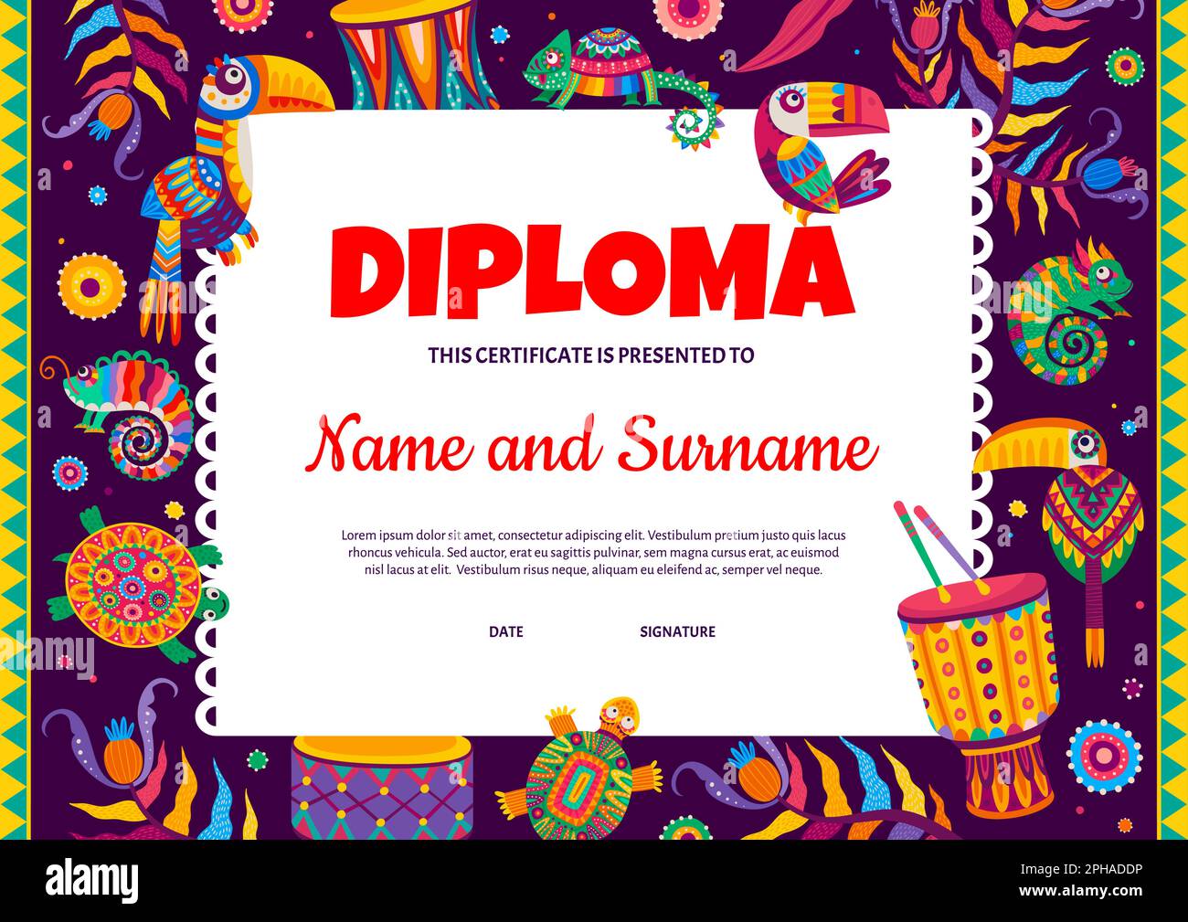 Kids diploma with Brazilian drums, toucans and parrots, Mexican chameleons and turtles, vector certificate. School or kindergarten education award, ce Stock Vector