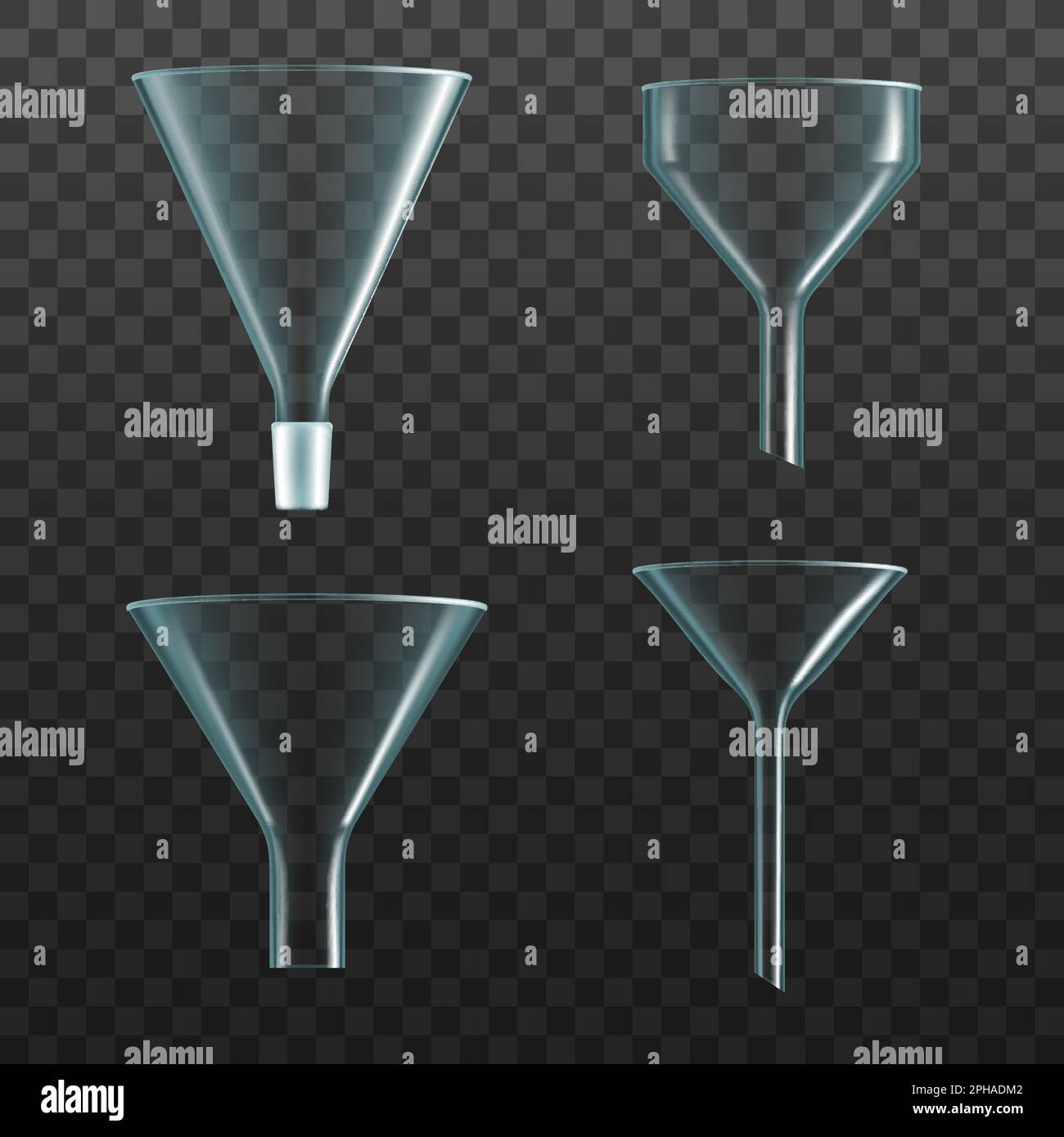 Glass funnel, realistic transparent chemistry and laboratory filter