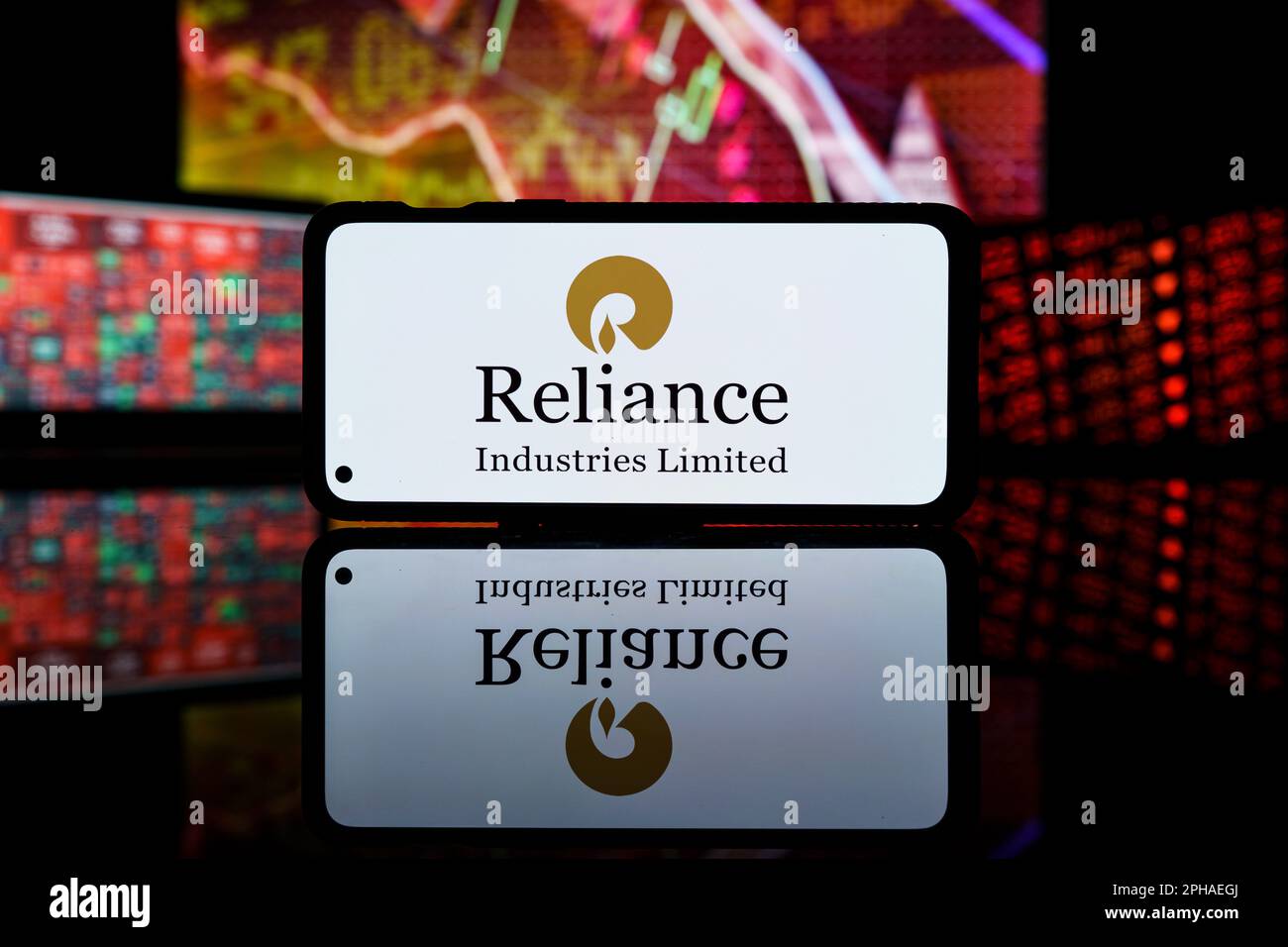 Paris, France - 2023 March 28: reliance industries company shares dropped down at stock market. reliance industries company financial crisis and failu Stock Photo